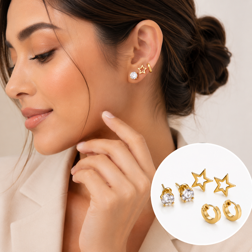Artificial Gold Plated Earrings Combo Set of 3 for Women | Crystal Studs, Star & Huggie Hoop Earrings