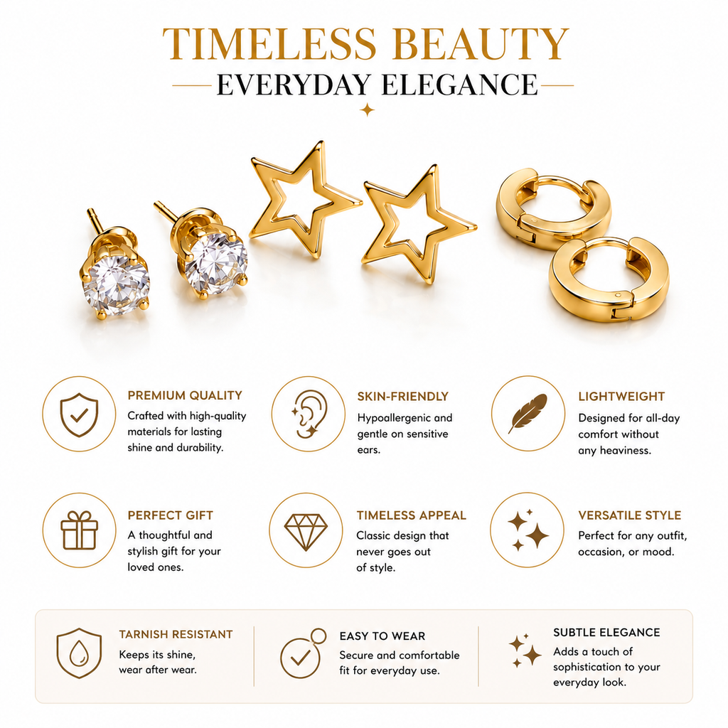 Gold Earrings Combo Set of 3 | Crystal Studs, Star & Huggie Hoop Earrings for Women