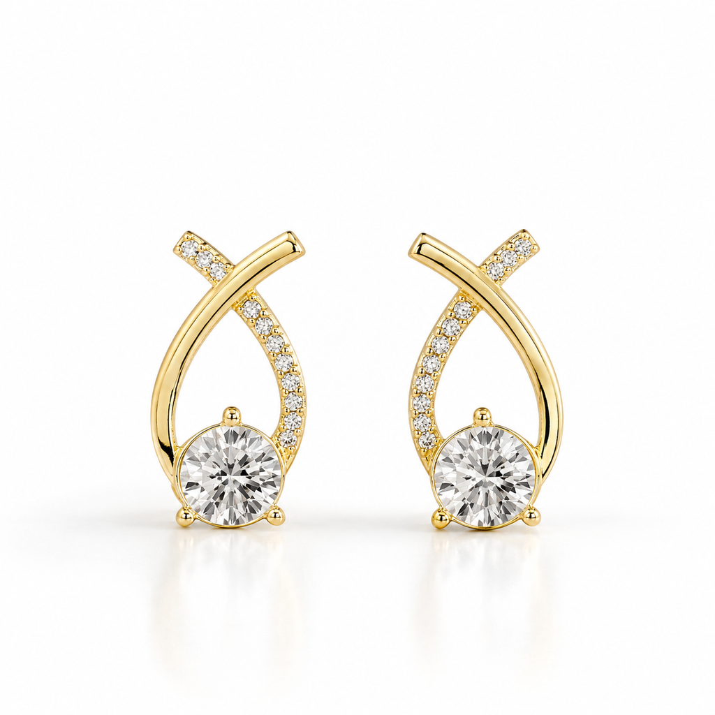 Gold stud earrings with round diamond and pave accents, elegant everyday luxury jewelry for women