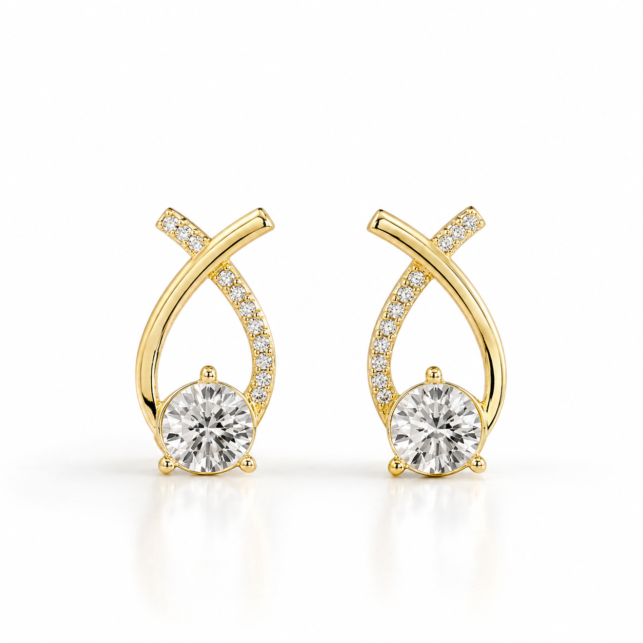 Gold stud earrings with round diamond and pave accents, elegant everyday luxury jewelry for women