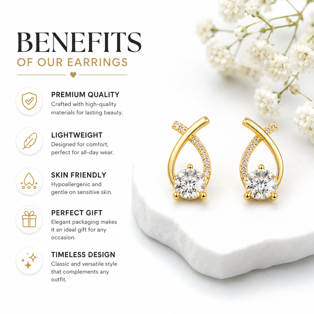 Gold stud earrings with clear stones, lightweight & hypoallergenic, perfect gift for women