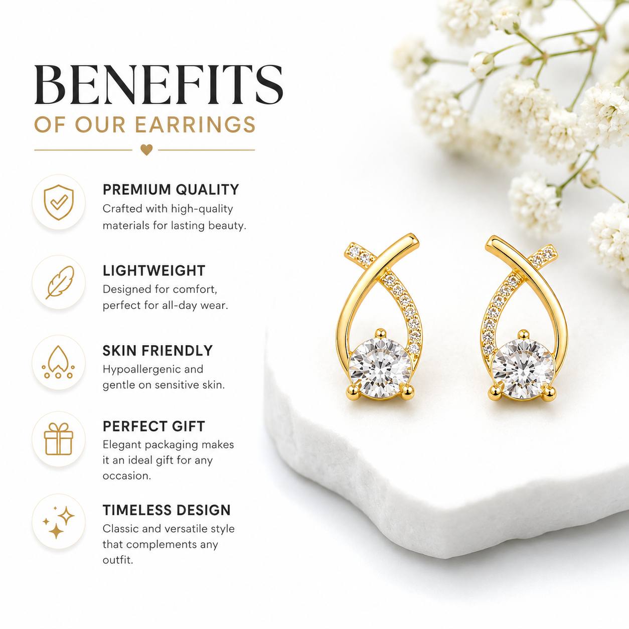 Gold stud earrings with clear stones, lightweight & hypoallergenic, perfect gift for women