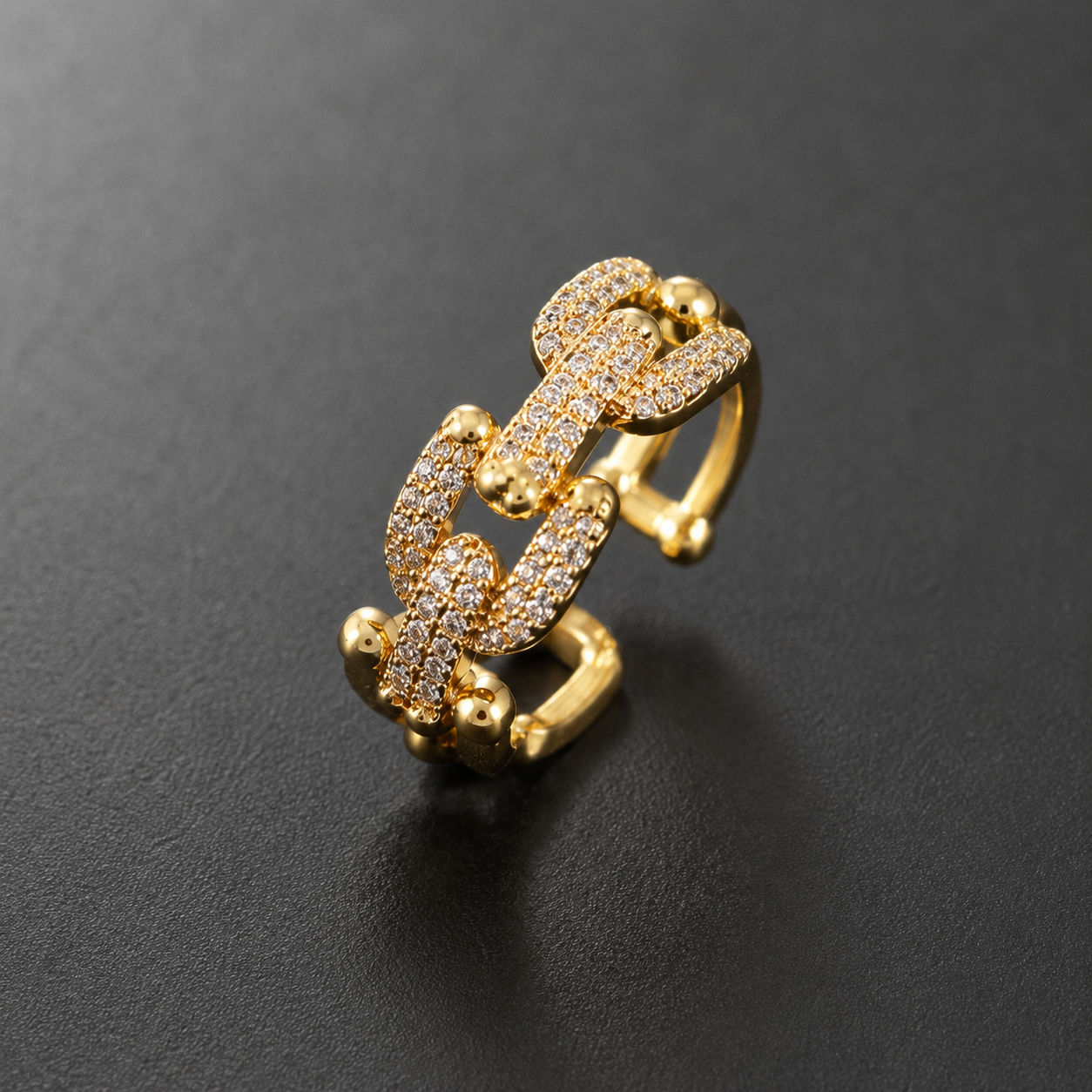 Gold chain-link ring with pave crystals, anti-tarnish luxury jewelry for women