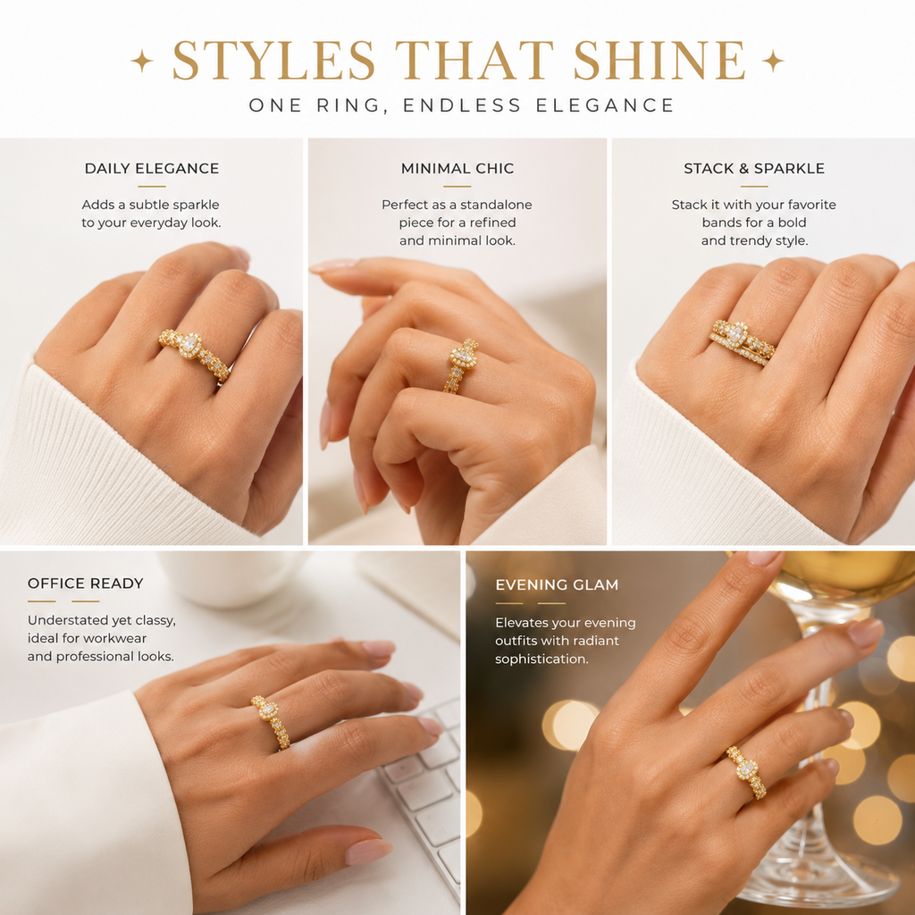 Elegant gold rings for daily wear, office, stacking, and evening glam – anti-tarnish luxury jewelry styles