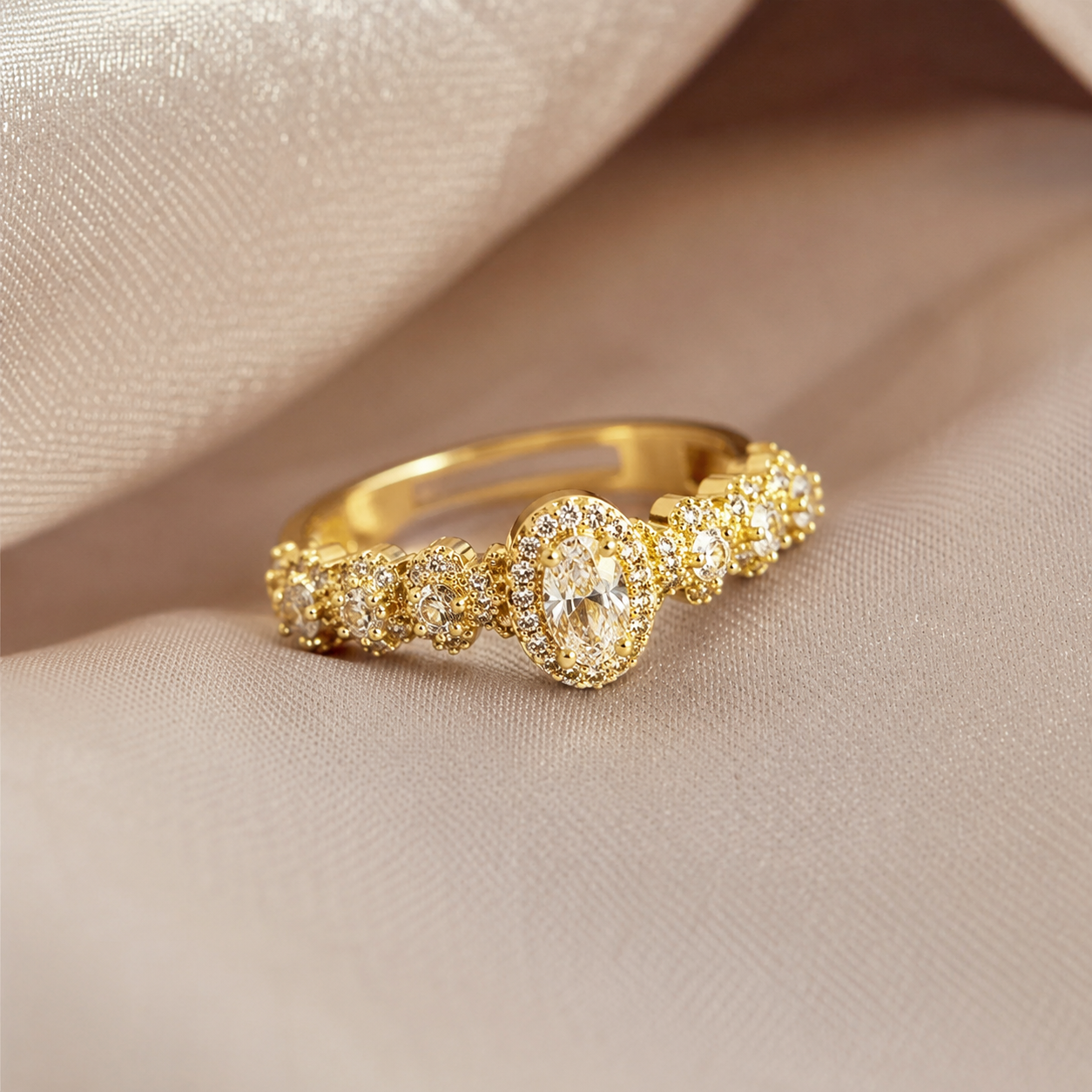 Elegant gold ring with oval diamond & pavé accents, anti-tarnish luxury jewelry for women