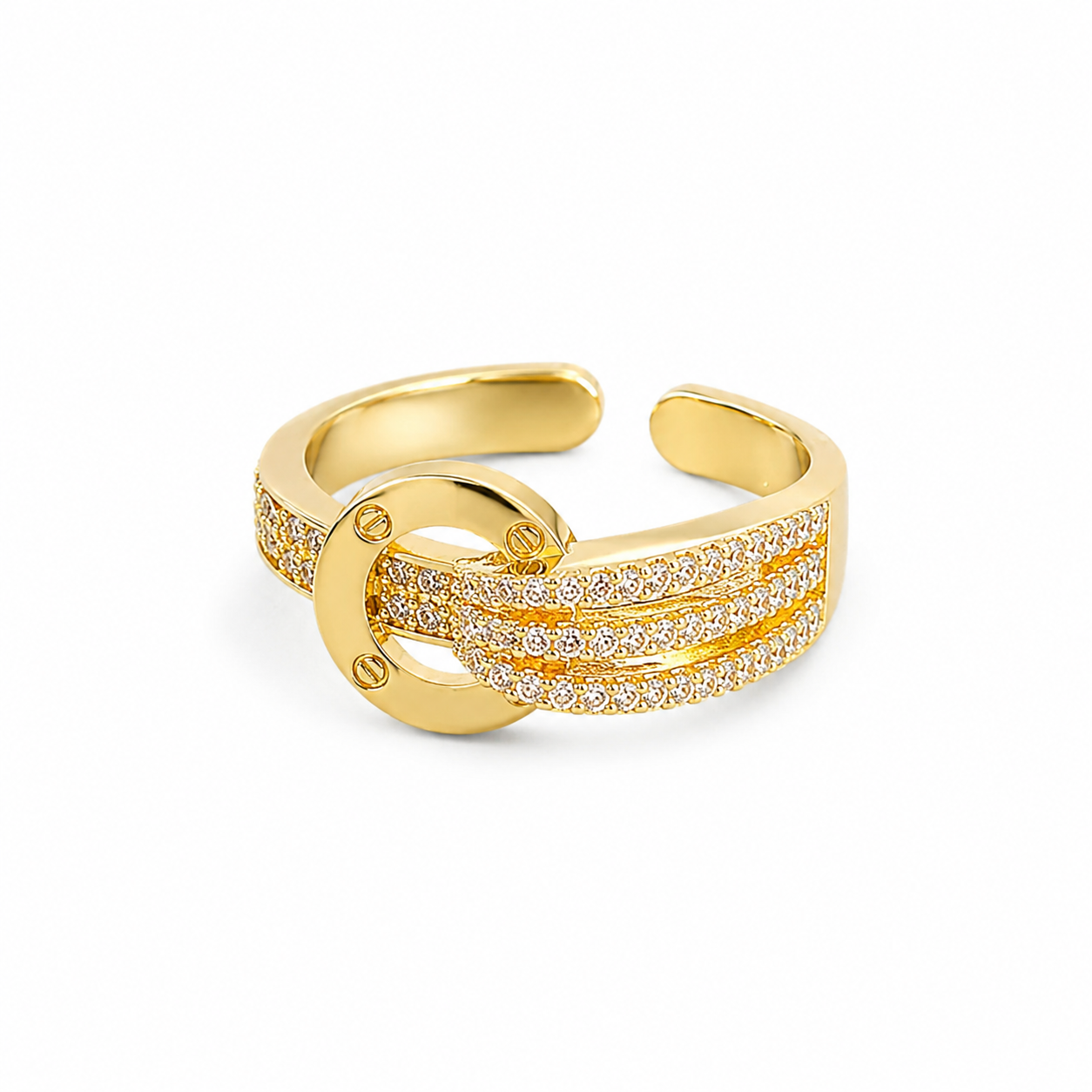 Gold-toned adjustable ring with pave crystals, elegant everyday luxury jewelry for women