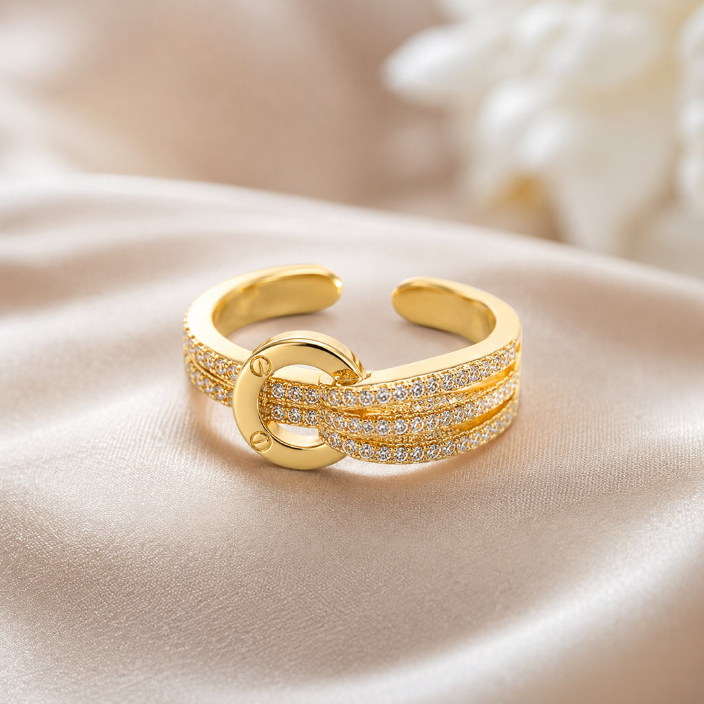 Gold open ring with sparkling pavé stones, elegant everyday luxury jewelry for women