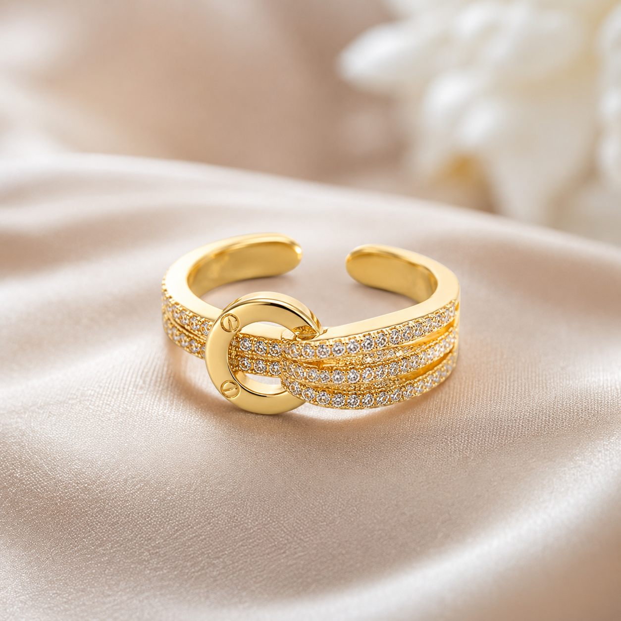 Gold open ring with sparkling pavé stones, elegant everyday luxury jewelry for women