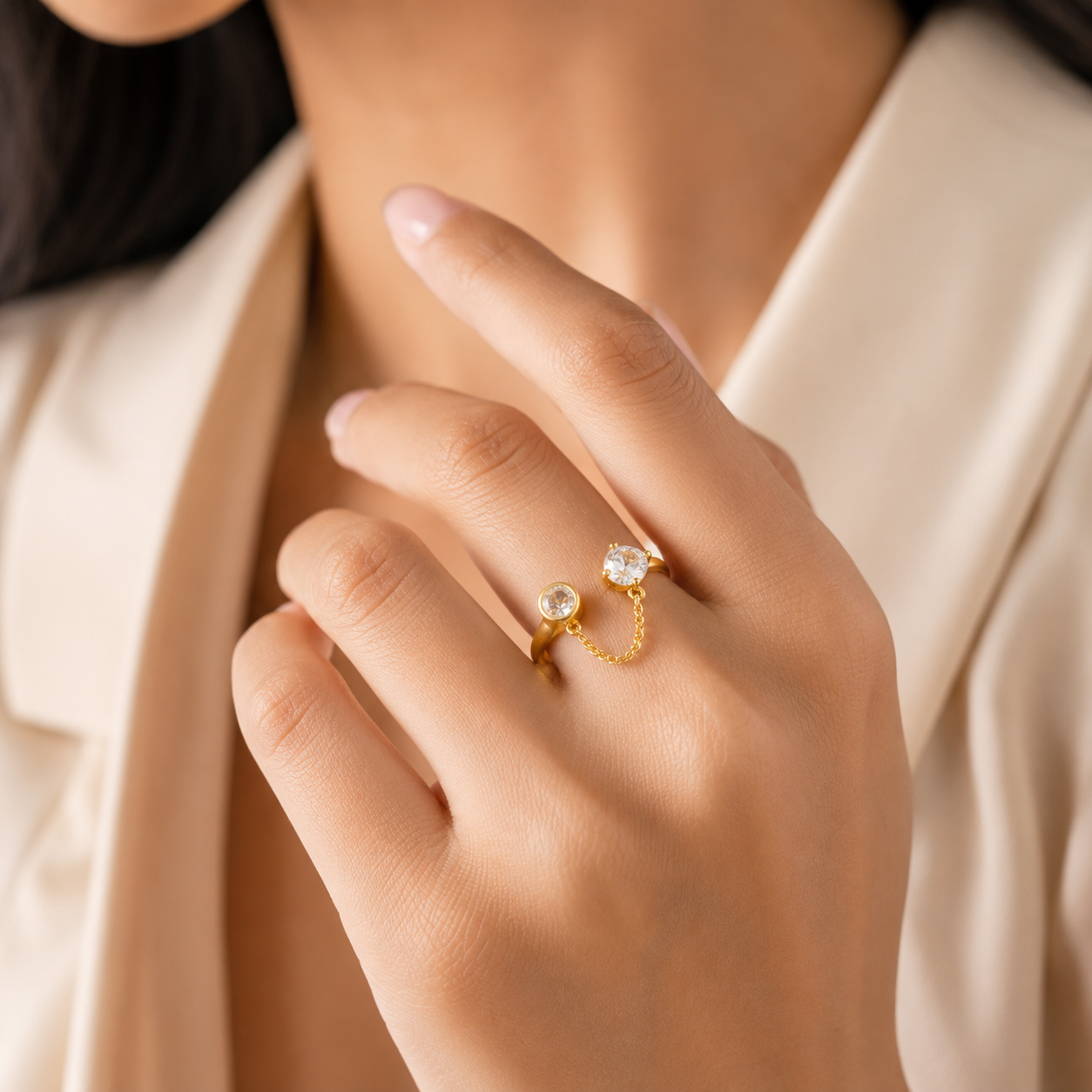 Gold double stone ring with chain detail, elegant anti-tarnish jewelry for women