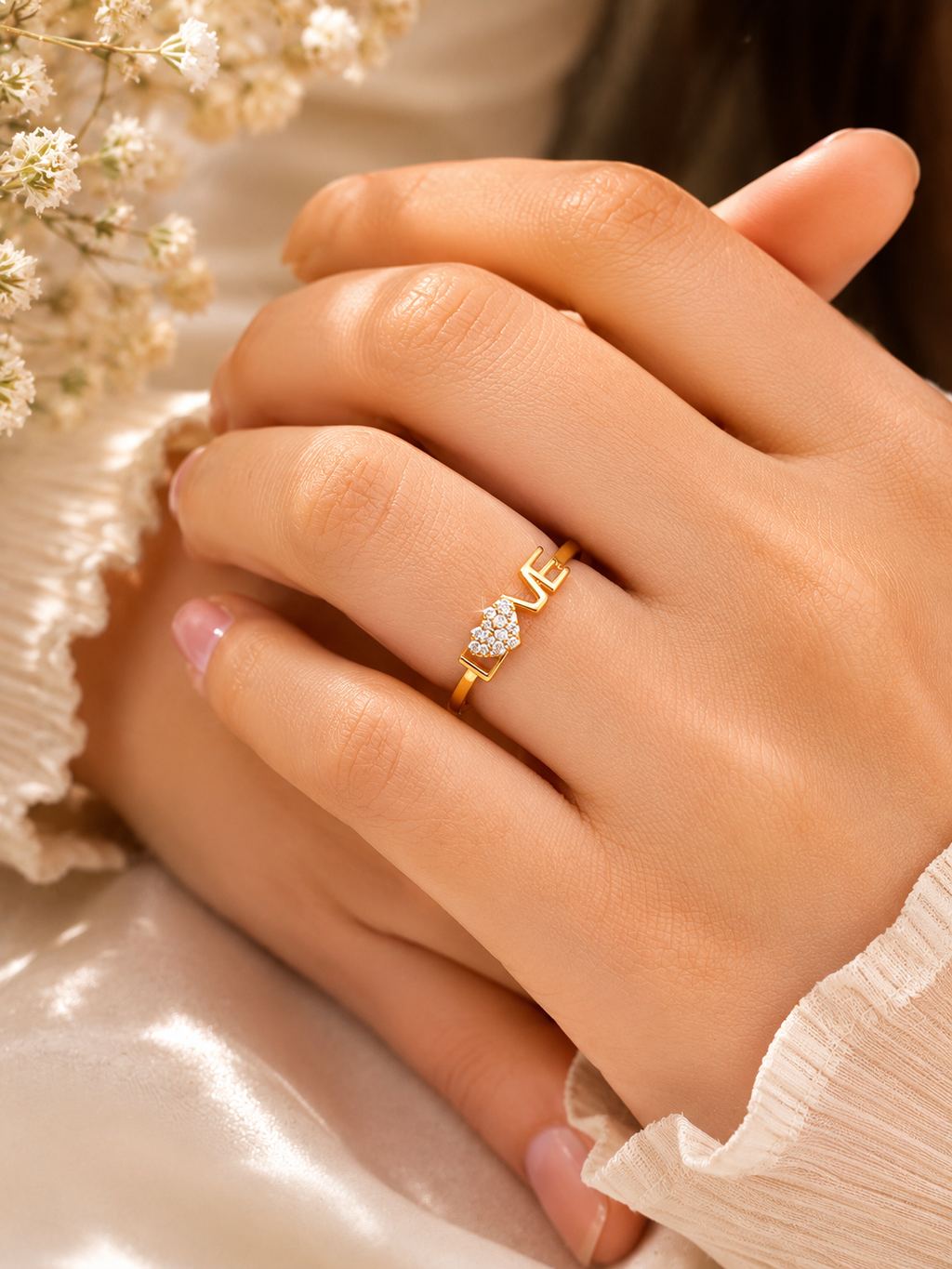 Gold LOVE Heart Ring for Women | Crystal Pavé CZ | Valentine Anniversary Gift