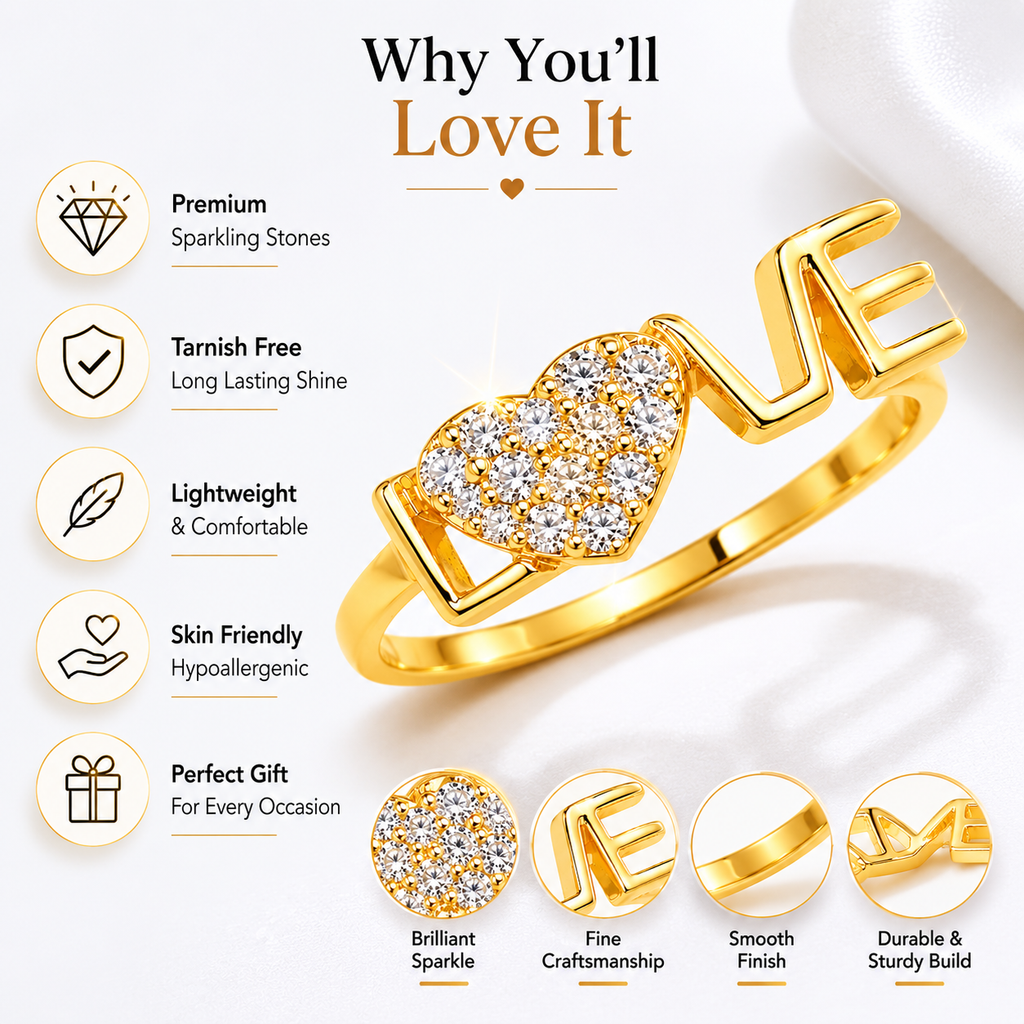 Gold LOVE Heart Ring for Women | Crystal Pavé CZ | Valentine Anniversary Gift