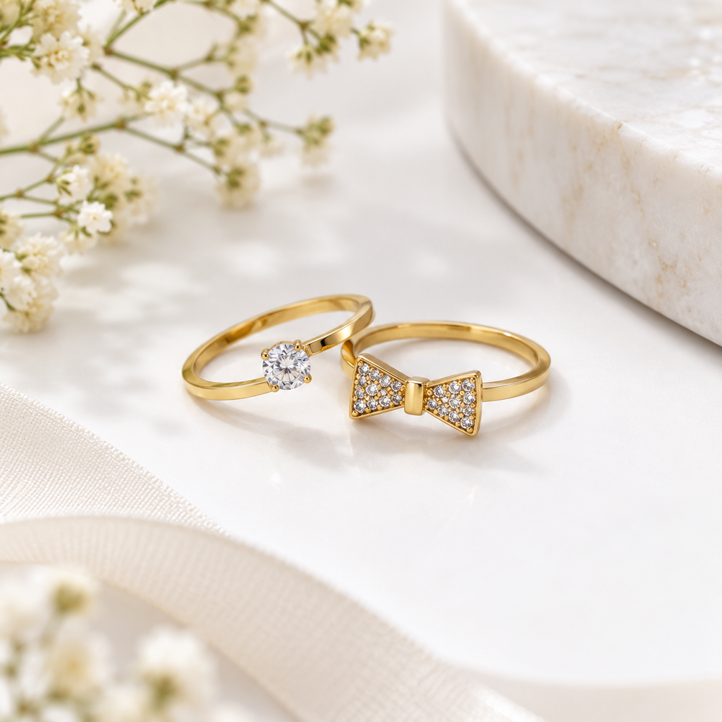 Set of 2 Gold Bow & Solitaire Rings for Women