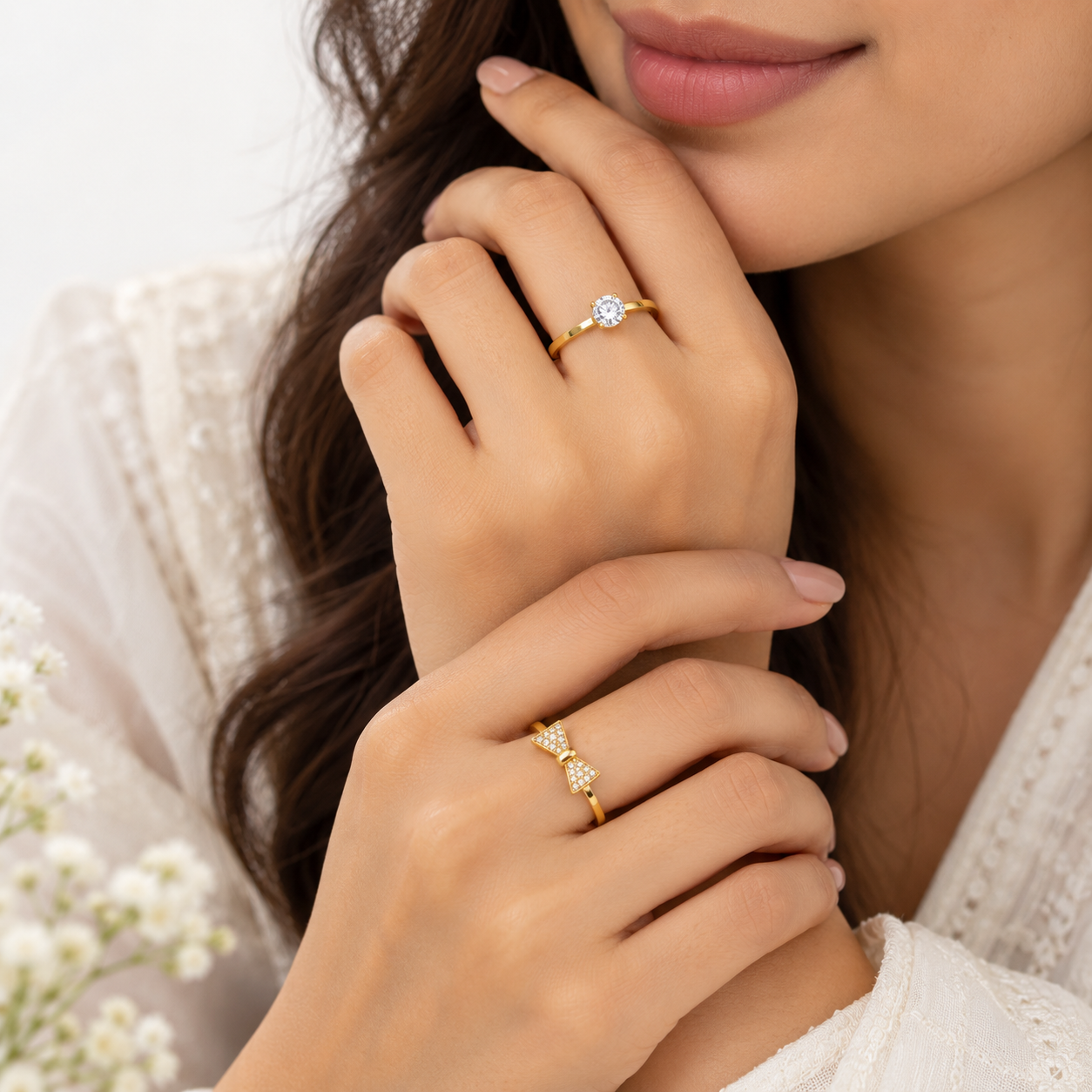 Set of 2 Gold Bow & Solitaire Rings for Women