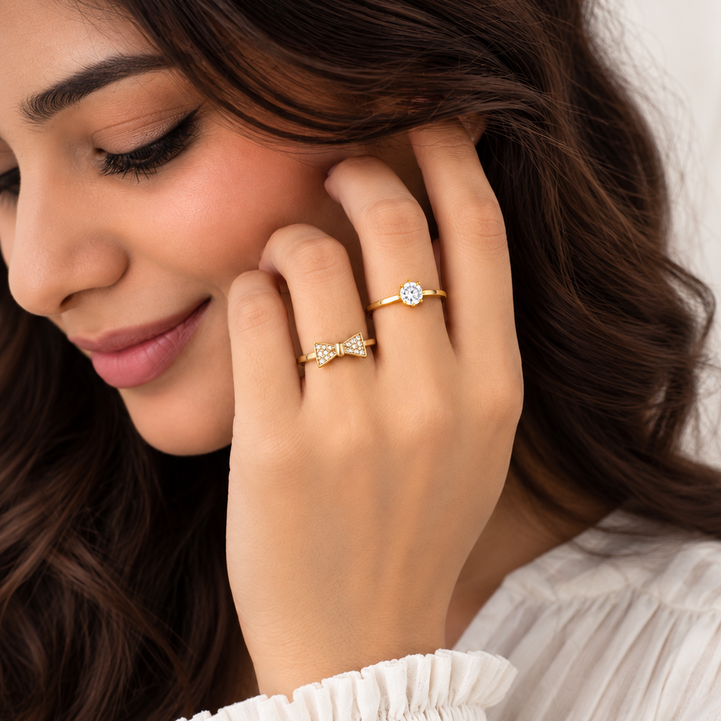 Set of 2 Gold Bow & Solitaire Rings for Women