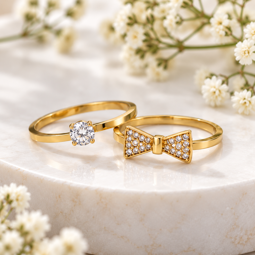 Set of 2 Gold Bow & Solitaire Rings for Women