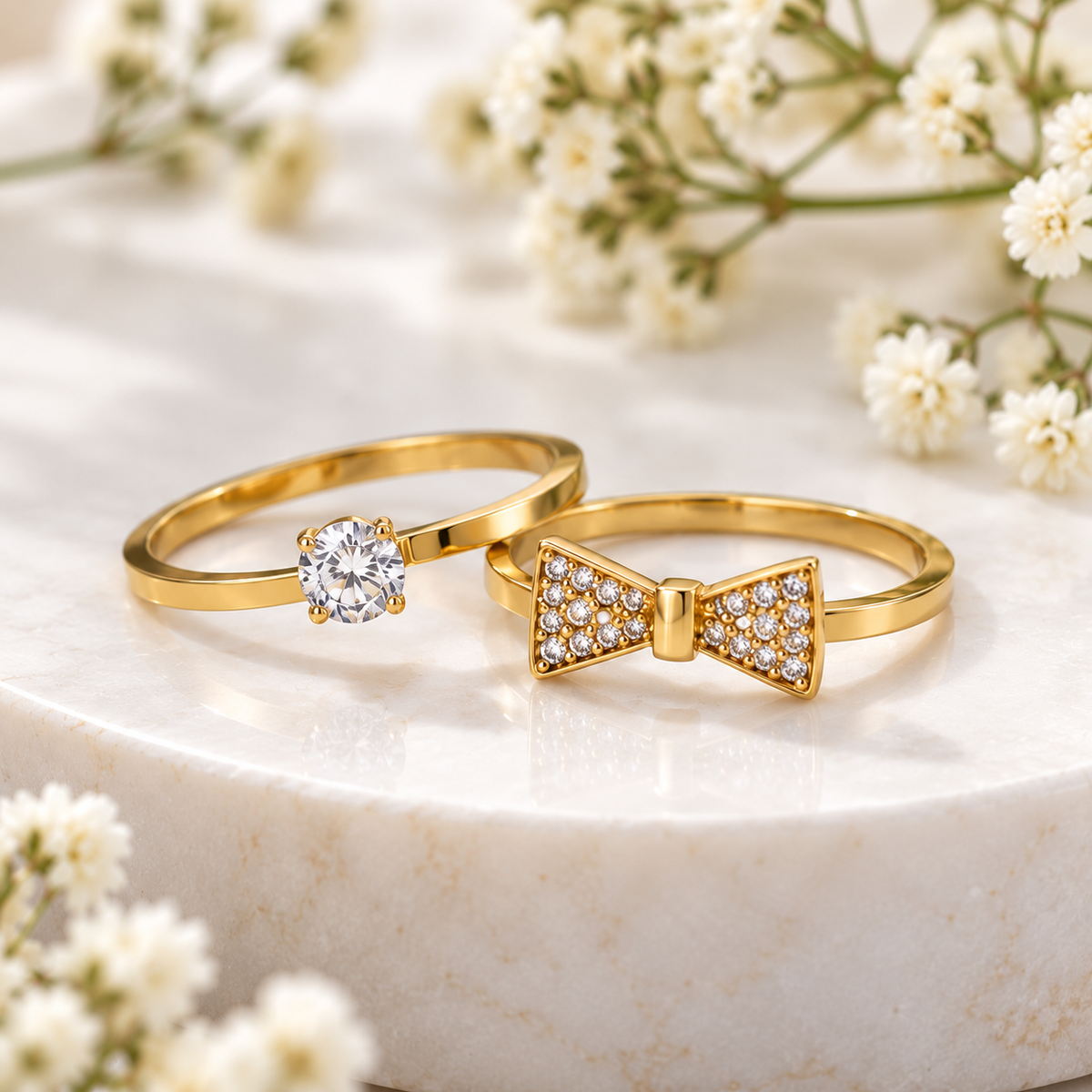 Set of 2 Gold Bow & Solitaire Rings for Women