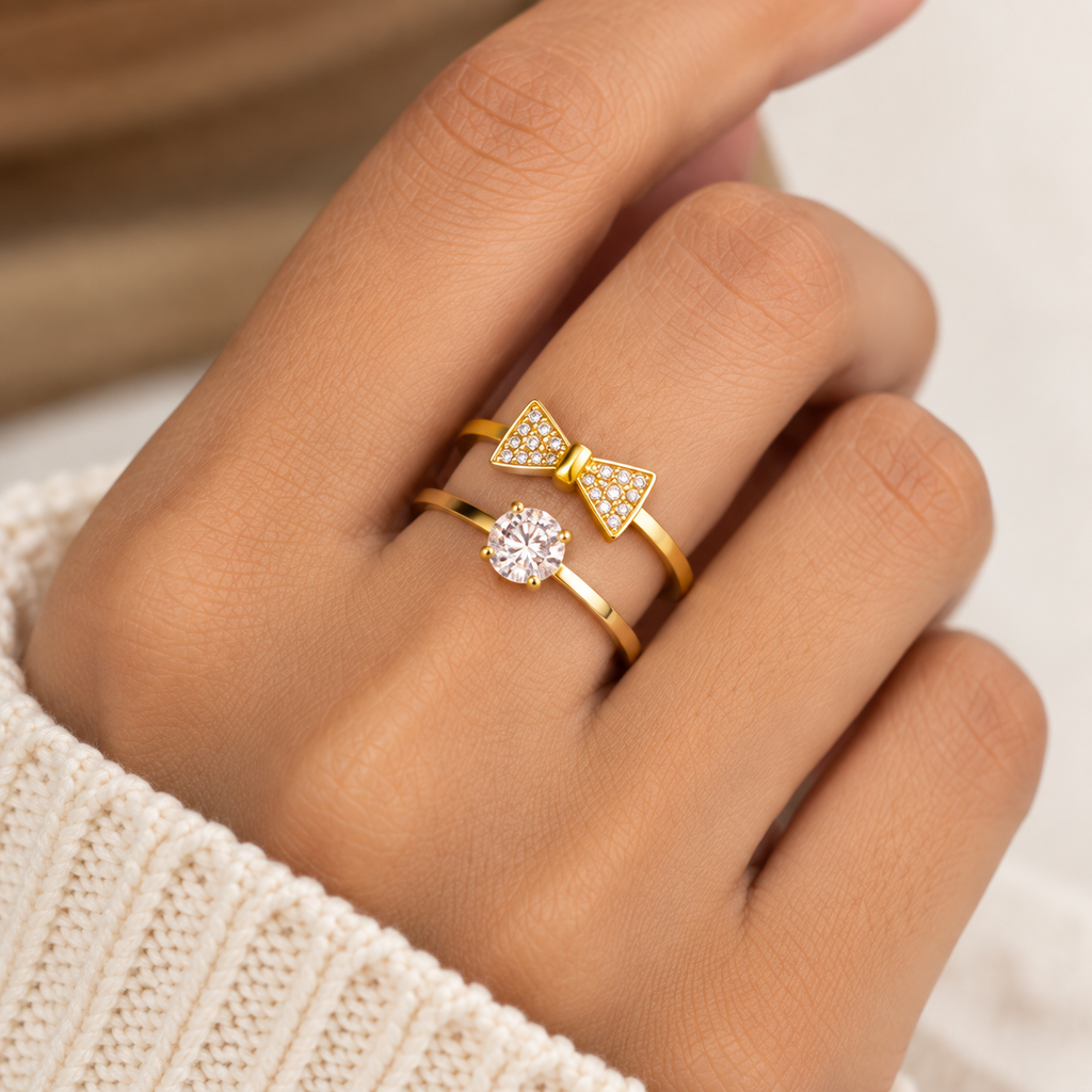 Set of 2 Gold Bow & Solitaire Rings for Women