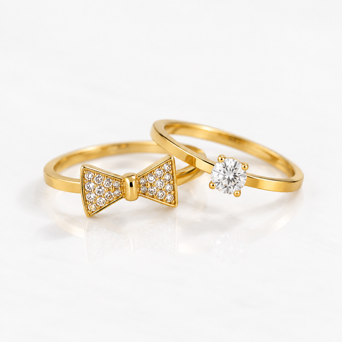 Set of 2 Gold Bow & Solitaire Rings for Women