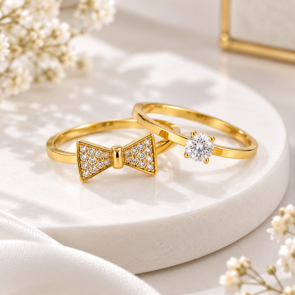Set of 2 Gold Bow & Solitaire Rings for Women