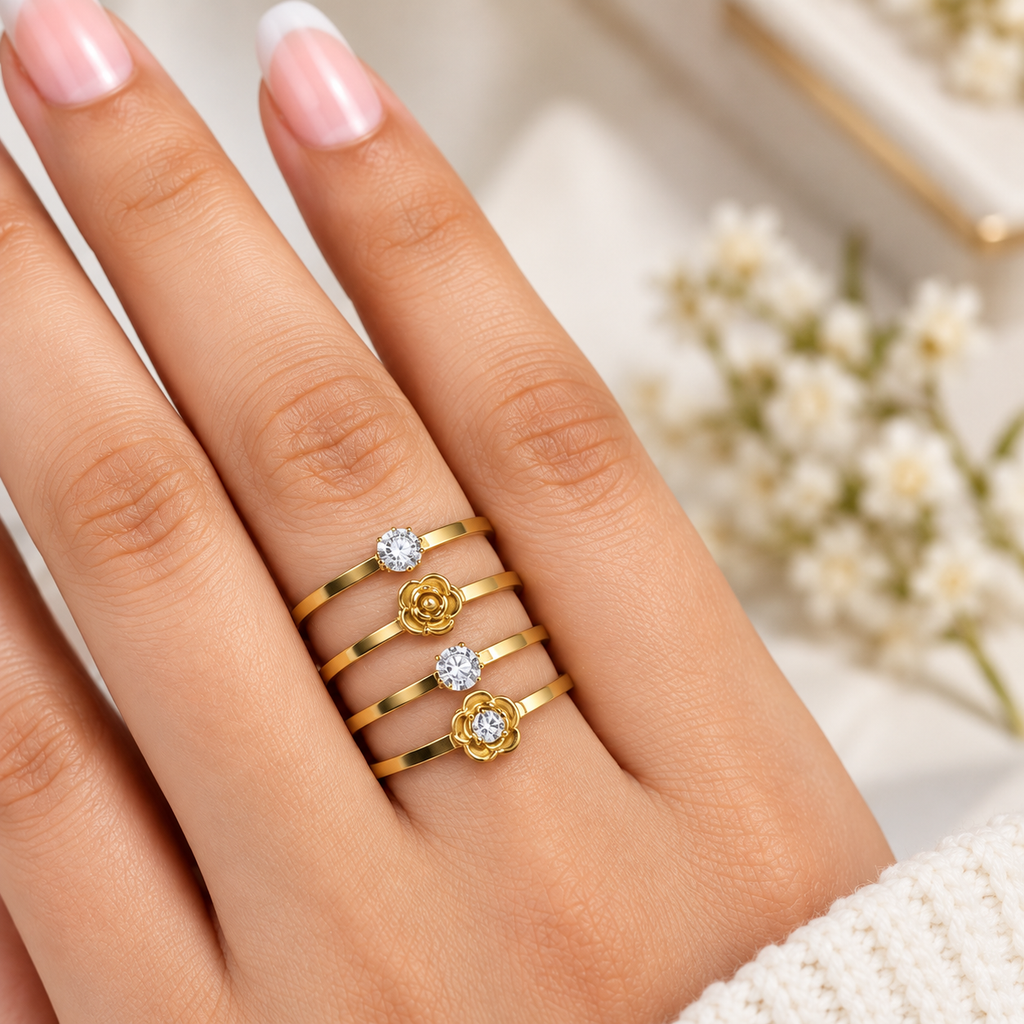 Gold-Tone Floral CZ Ring Set of 4