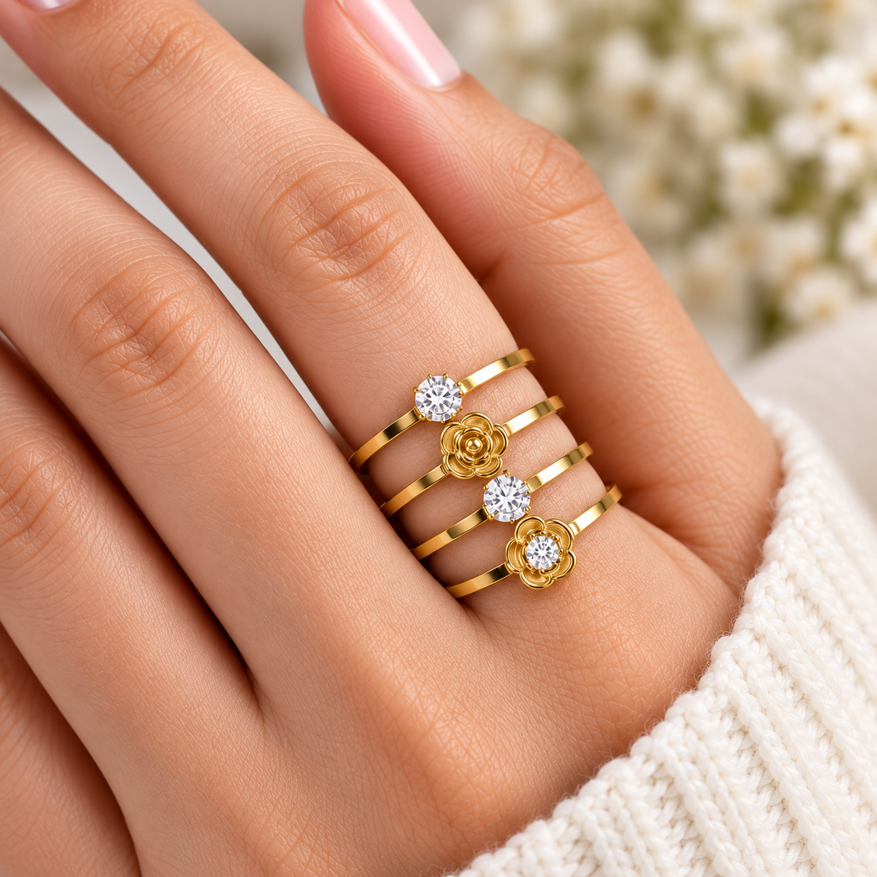 Gold-Tone Floral CZ Ring Set of 4