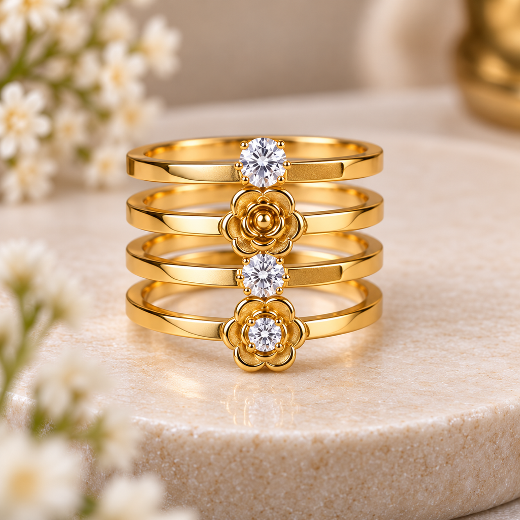 Gold-Tone Floral CZ Ring Set of 4