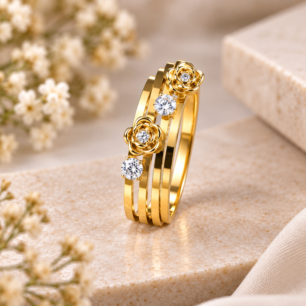 Gold-Tone Floral CZ Ring Set of 4
