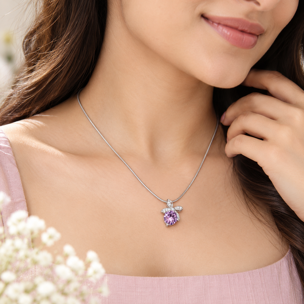 Pink Floral Pendant Silver Necklace for Women