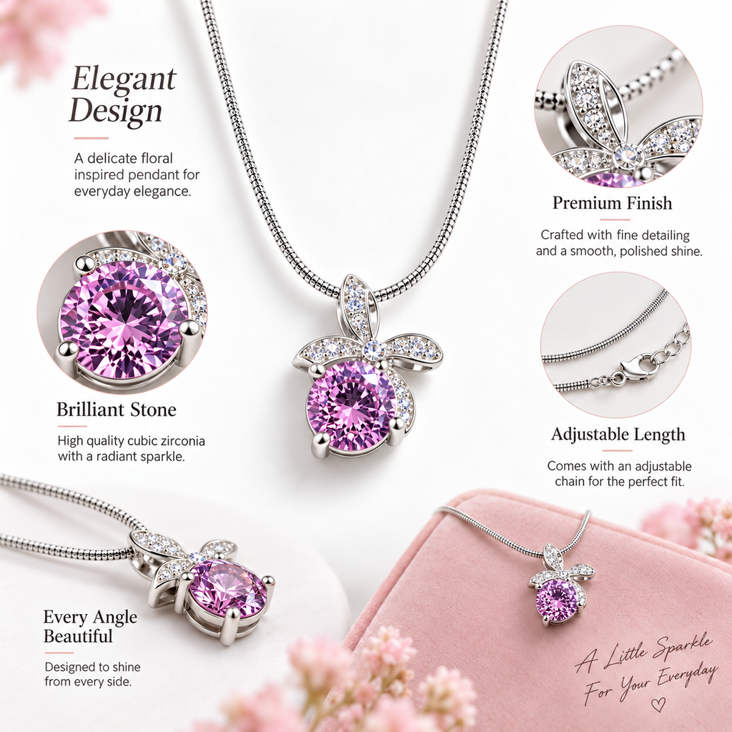Pink Floral Pendant Silver Necklace for Women