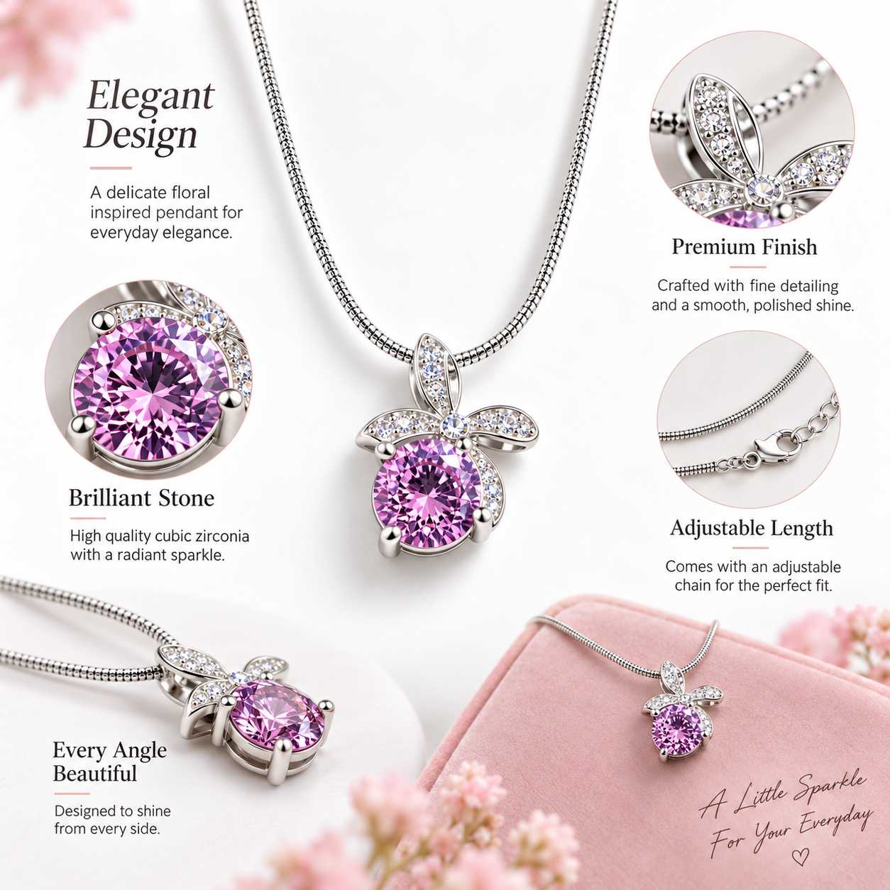 Pink Floral Pendant Silver Necklace for Women