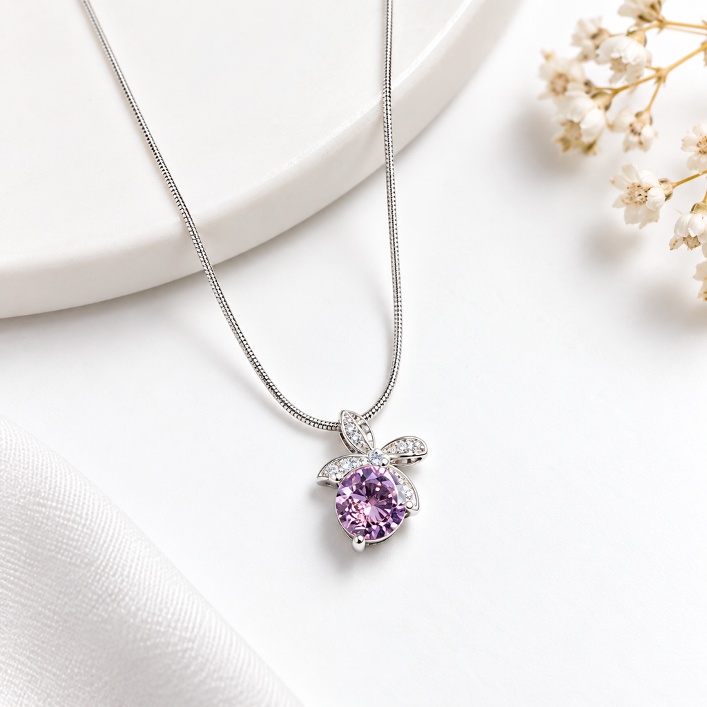 Pink Floral Pendant Silver Necklace for Women