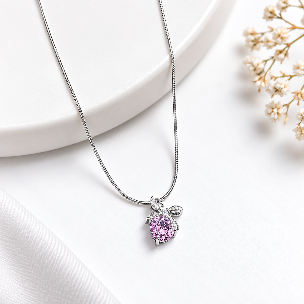 Pink Floral Pendant Silver Necklace for Women