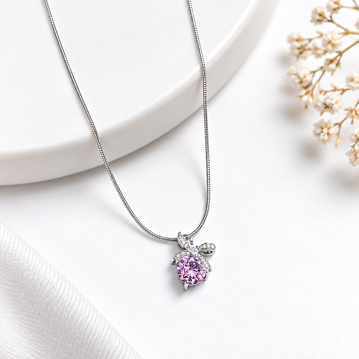 Pink Floral Pendant Silver Necklace for Women