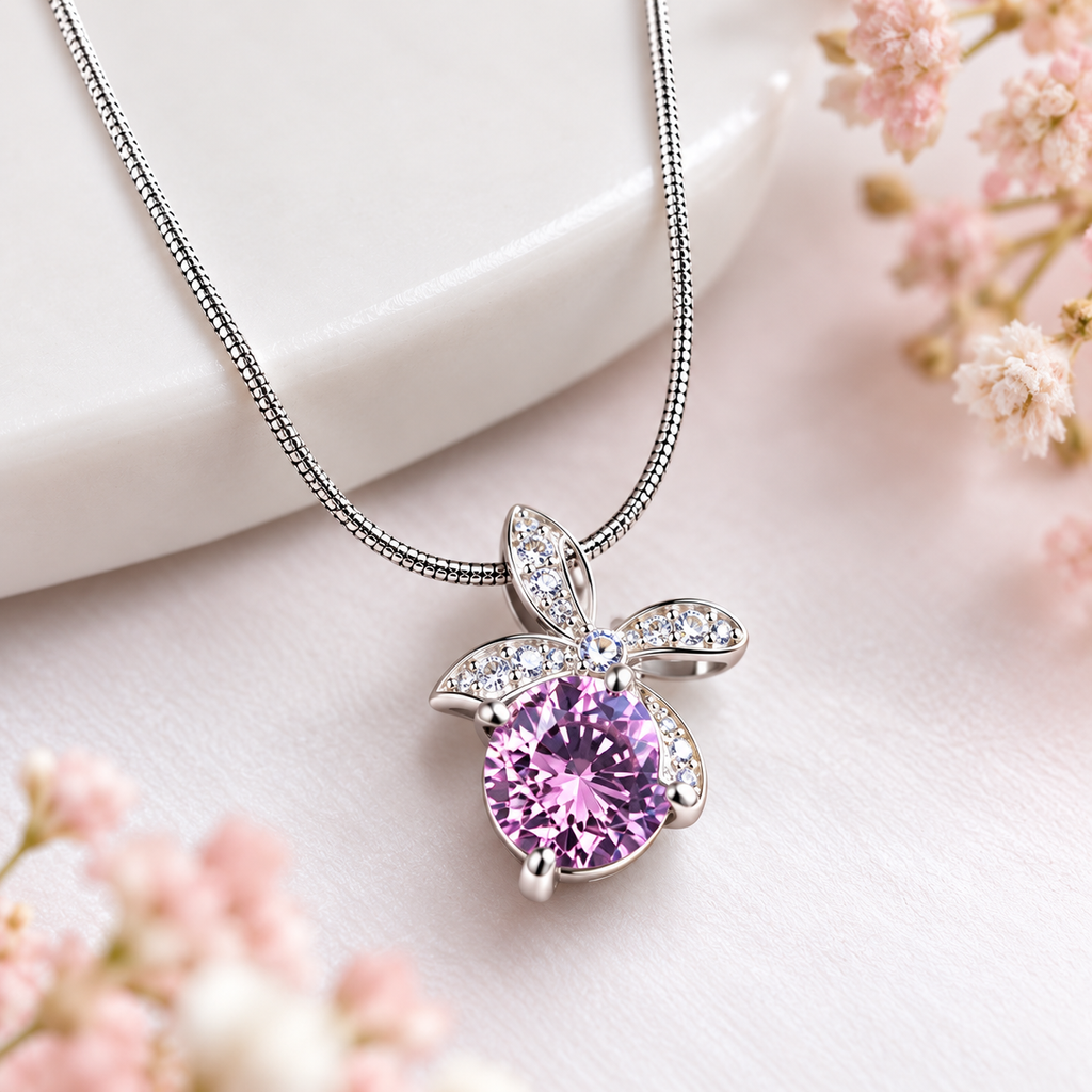 Pink Floral Pendant Silver Necklace for Women