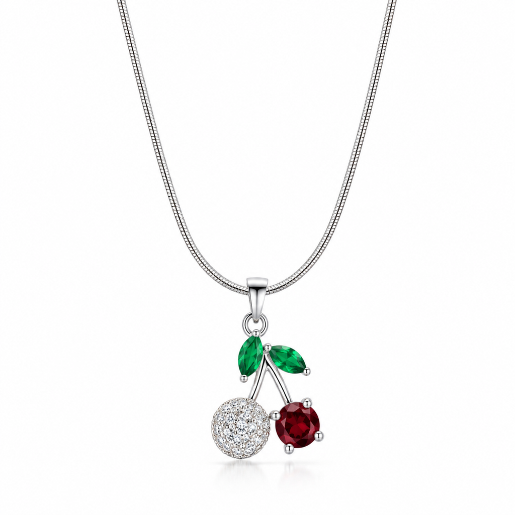Cherry & Emerald floral pendant silver necklace