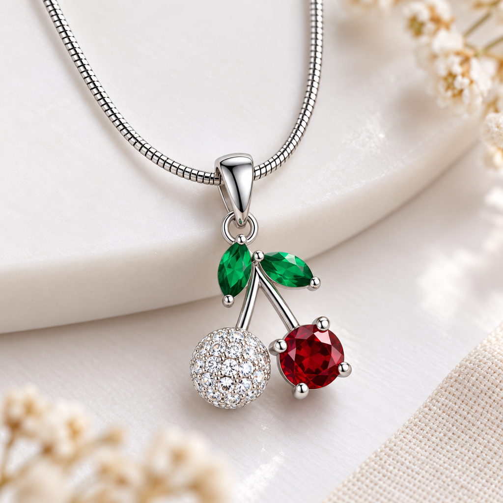Cherry & Emerald floral pendant silver necklace