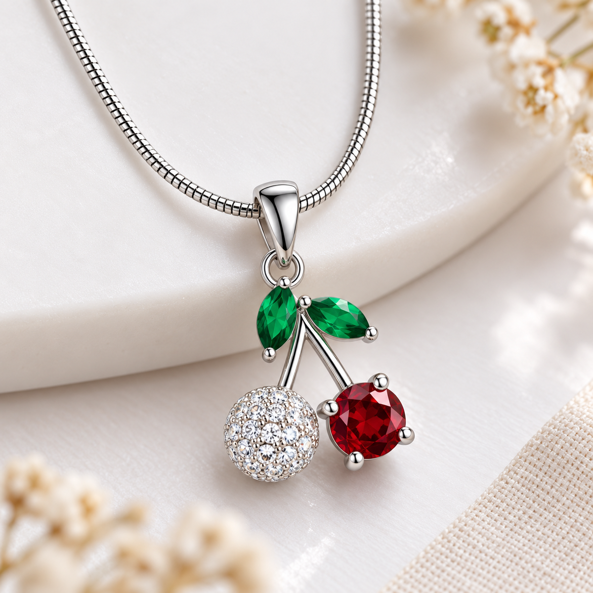 Cherry & Emerald floral pendant silver necklace