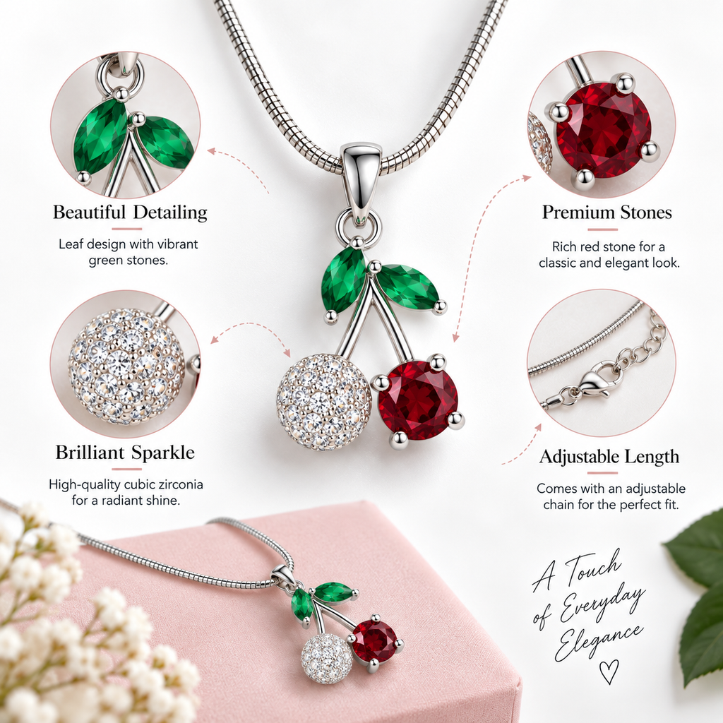 Cherry & Emerald floral pendant silver necklace