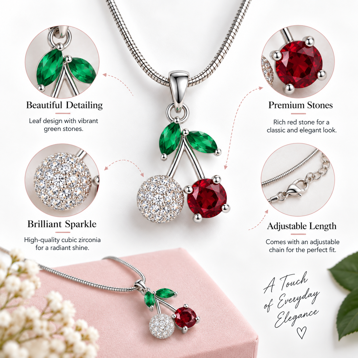 Cherry & Emerald floral pendant silver necklace