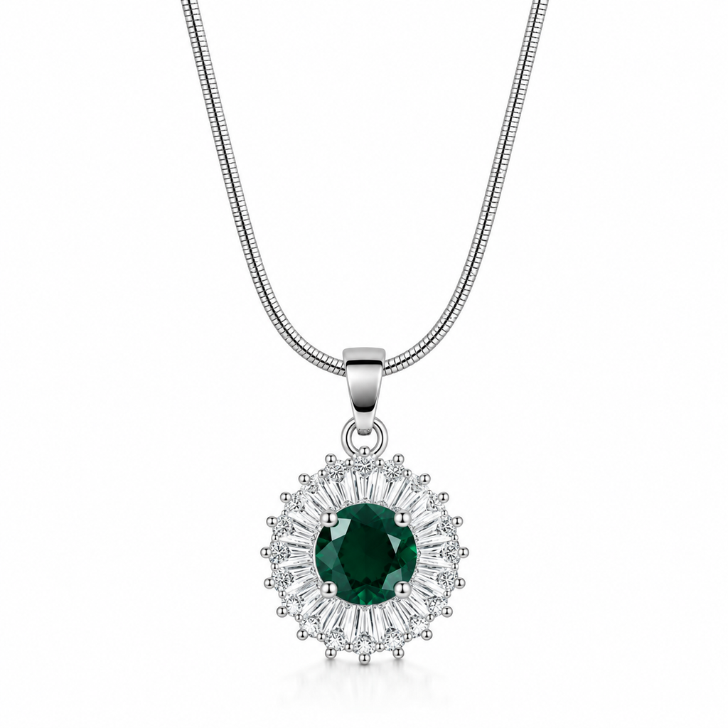 Emerald Green Halo Pendant Silver Necklace for Women