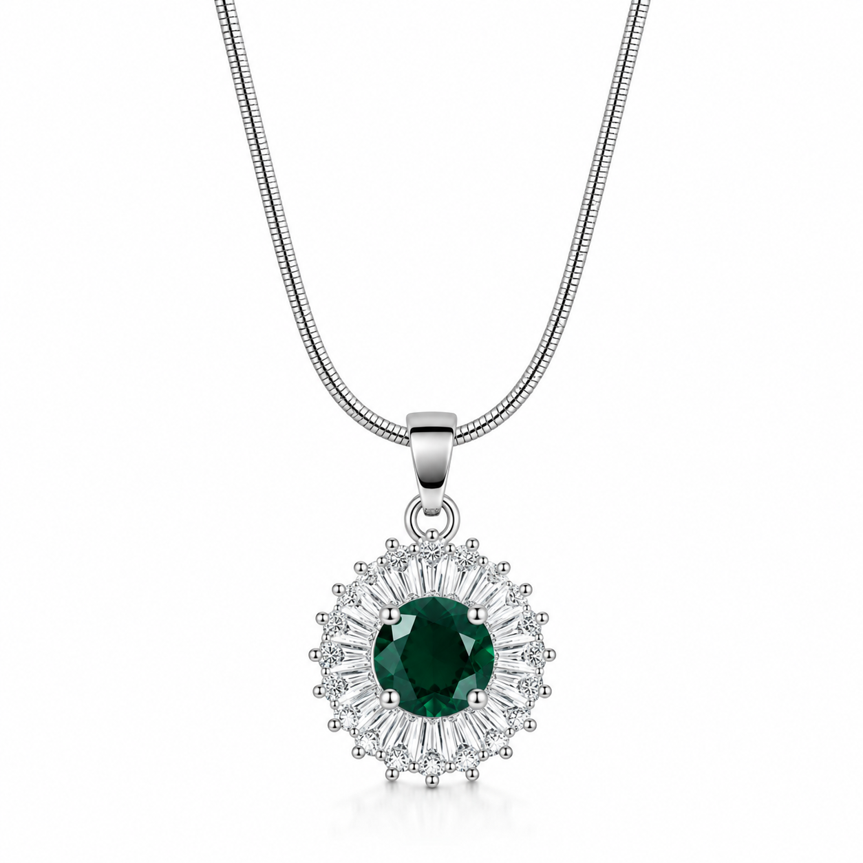 Emerald Green Halo Pendant Silver Necklace for Women