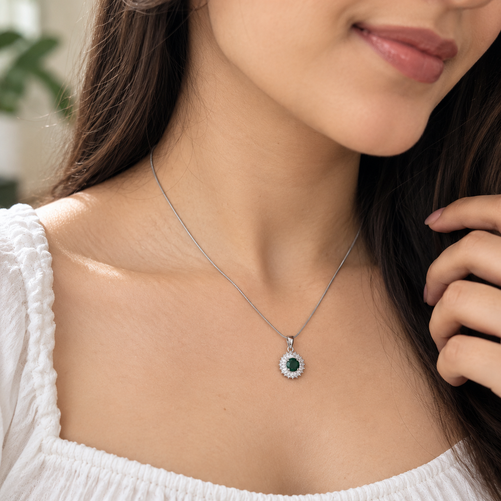 Emerald Green Halo Pendant Silver Necklace for Women