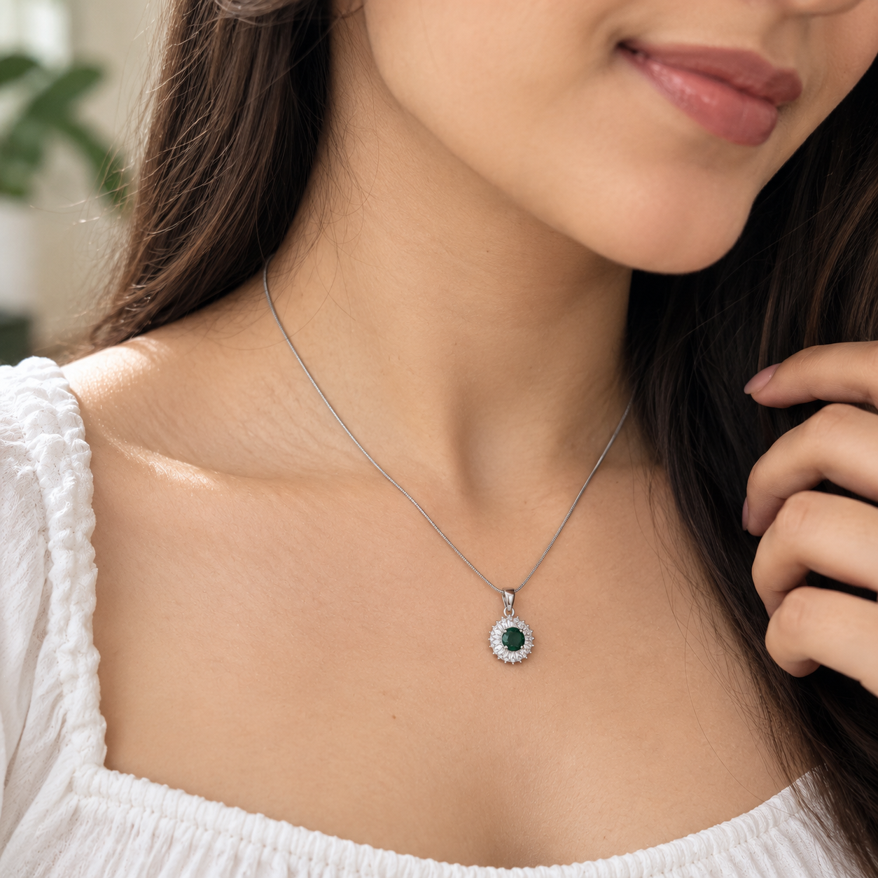 Emerald Green Halo Pendant Silver Necklace for Women