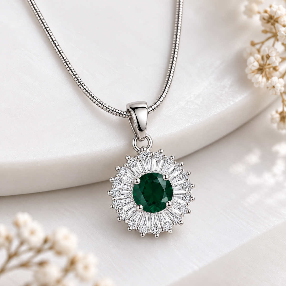 Emerald Green Halo Pendant Silver Necklace for Women