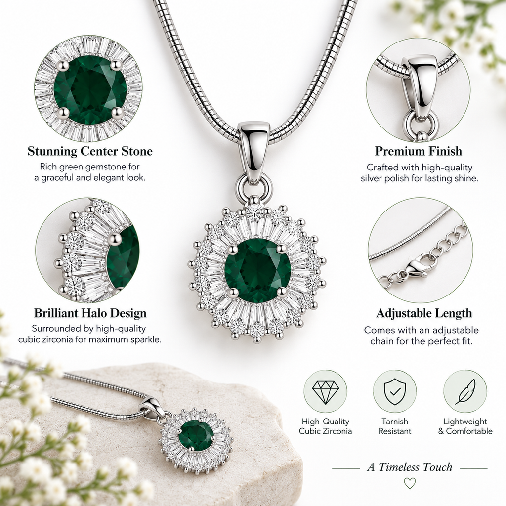 Emerald Green Halo Pendant Silver Necklace for Women