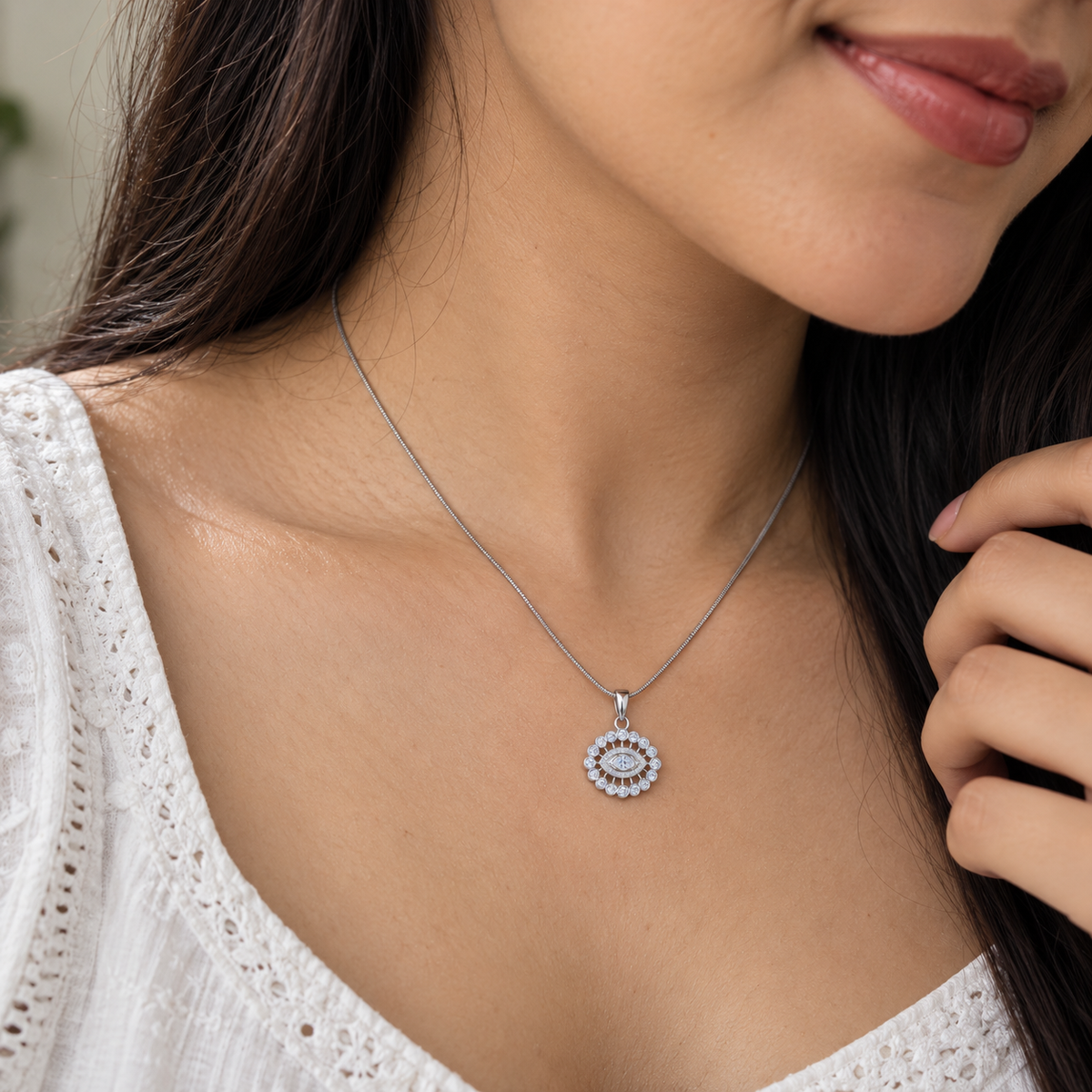 Evil Eye Crystal Pendant Silver Necklace for Women