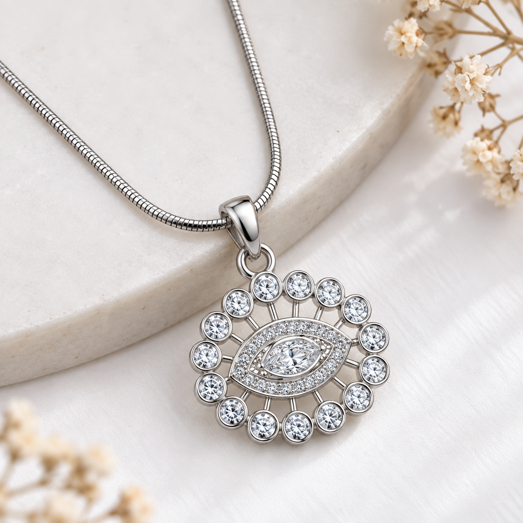 Evil Eye Crystal Pendant Silver Necklace for Women