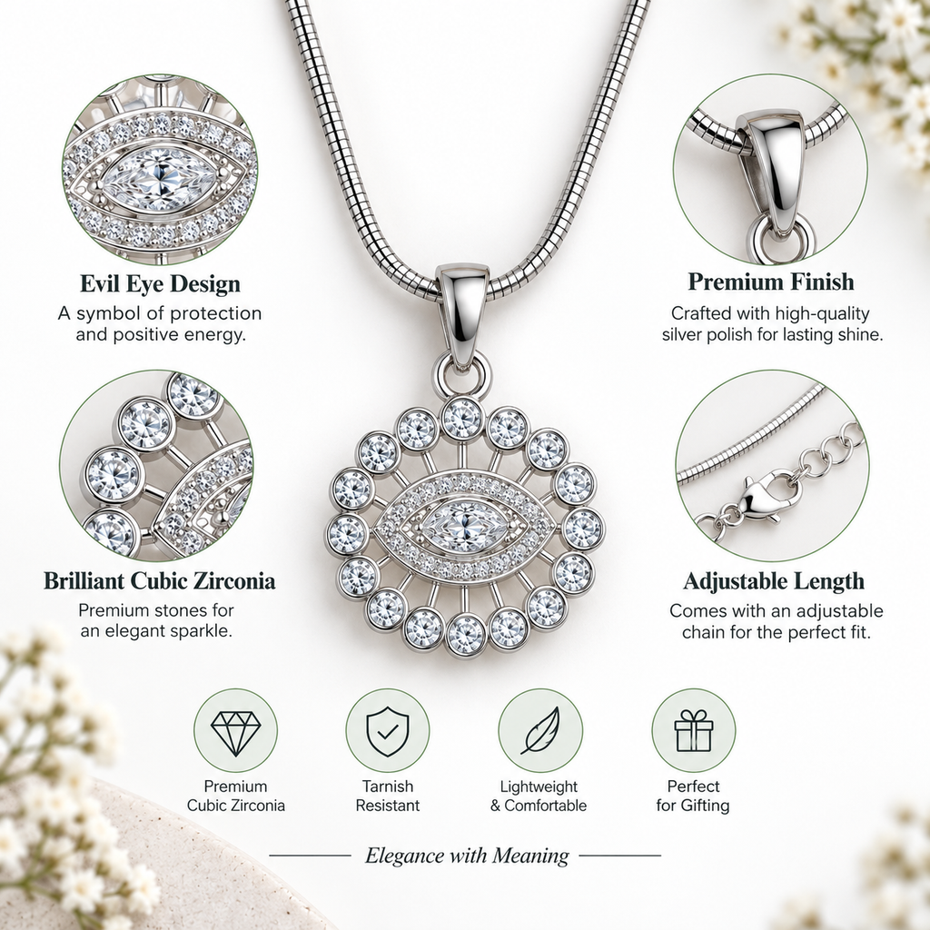 Evil Eye Crystal Pendant Silver Necklace for Women