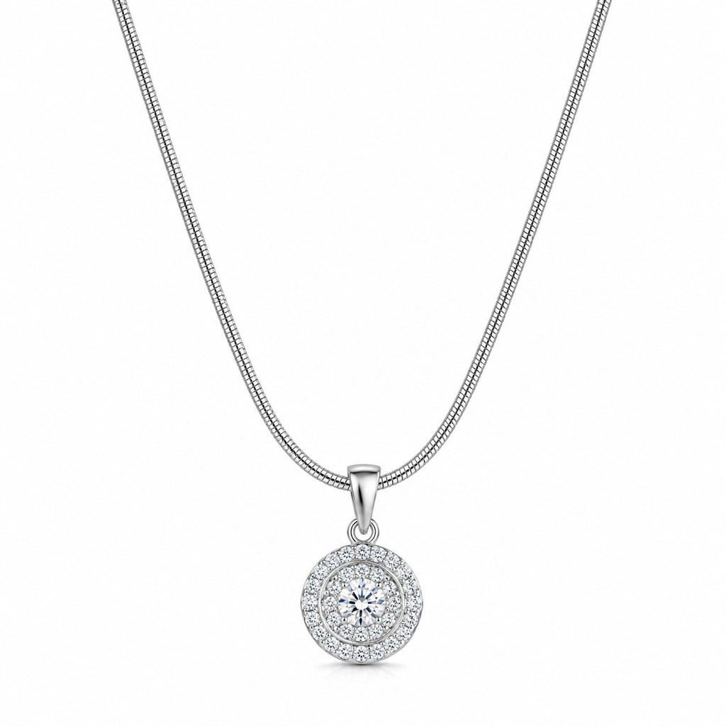 Classic Round Crystal Pendant Silver Necklace for Women