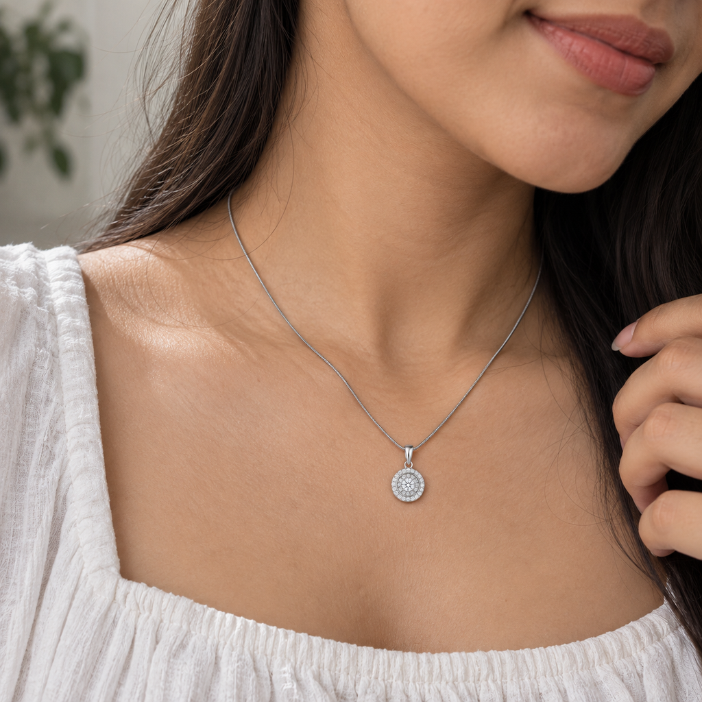 Classic Round Crystal Pendant Silver Necklace for Women